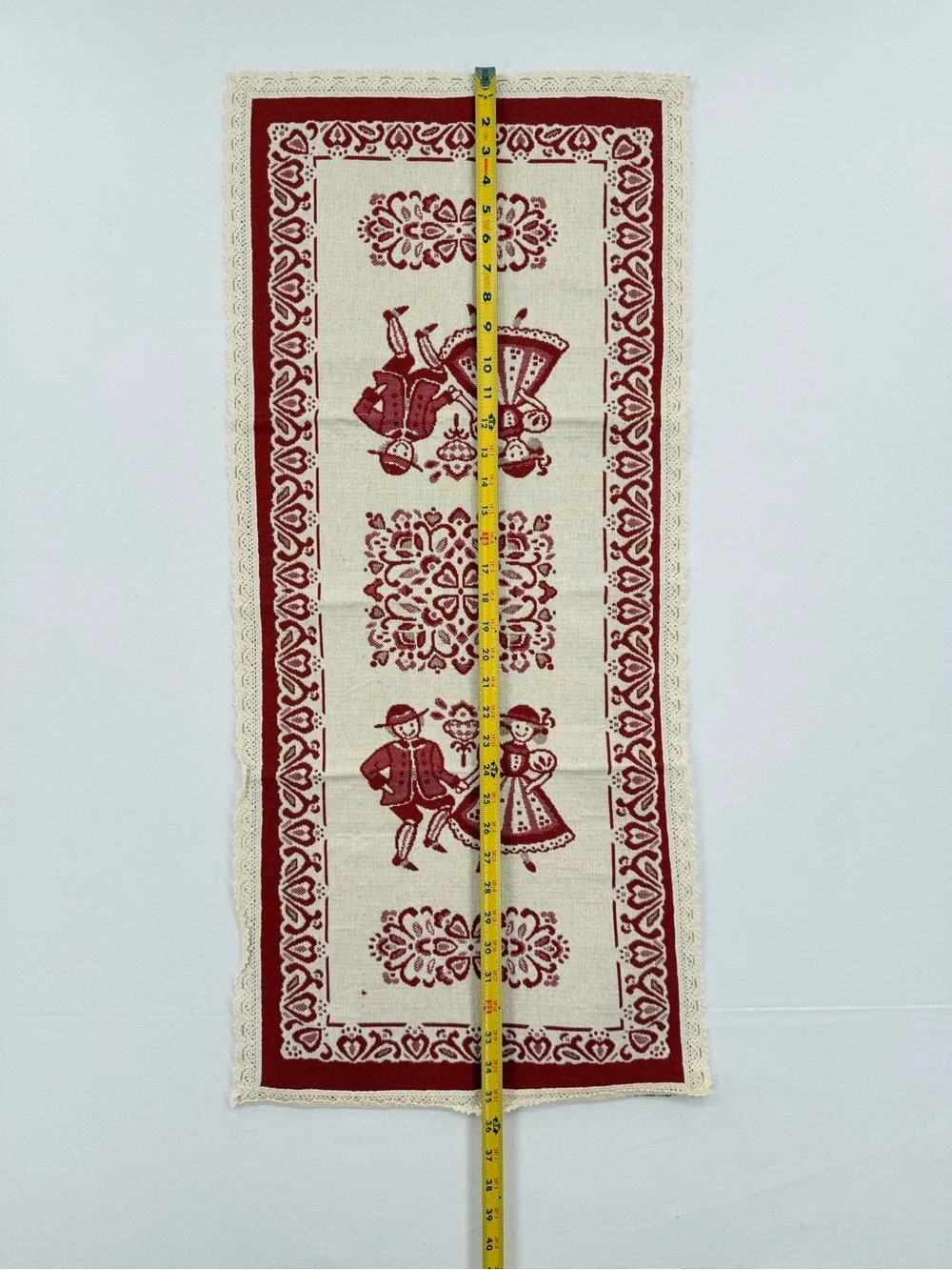 Vintage European Folk Art Table Runner Red Cream Lace Trim Cottage Decor